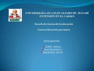 UNIVERSIDAD LAICA ELOY ALFARO DE  MANABÍEXTENSIÓN EN EL CARMEN Escuela de ciencias de la educación Carrera Educación parvularia INTEGRANTES: ,[object Object]