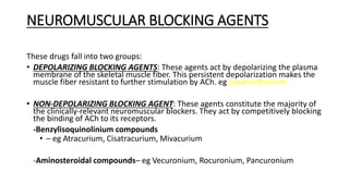 NEUROMUSCULAR BLOCKING AGENTS
These drugs fall into two groups:
• DEPOLARIZING BLOCKING AGENTS: These agents act by depolarizing the plasma
membrane of the skeletal muscle fiber. This persistent depolarization makes the
muscle fiber resistant to further stimulation by ACh. eg Suxamethonium
• NON-DEPOLARIZING BLOCKING AGENT: These agents constitute the majority of
the clinically-relevant neuromuscular blockers. They act by competitively blocking
the binding of ACh to its receptors.
-Benzylisoquinolinium compounds
• – eg Atracurium, Cisatracurium, Mivacurium
-Aminosteroidal compounds– eg Vecuronium, Rocuronium, Pancuronium
 