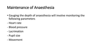 Maintenance of Anaesthesia
• Gauging the depth of anaesthesia will involve monitoring the
following parameters
- Heart rate
- Blood pressure
- Lacrimation
- Pupil size
- Movement
 
