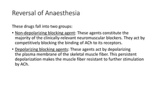 Reversal of Anaesthesia
These drugs fall into two groups:
• Non-depolarizing blocking agent: These agents constitute the
majority of the clinically-relevant neuromuscular blockers. They act by
competitively blocking the binding of ACh to its receptors.
• Depolarizing blocking agents: These agents act by depolarizing
the plasma membrane of the skeletal muscle fiber. This persistent
depolarization makes the muscle fiber resistant to further stimulation
by ACh.
 