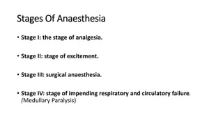 Stages Of Anaesthesia
• Stage I: the stage of analgesia.
• Stage II: stage of excitement.
• Stage III: surgical anaesthesia.
• Stage IV: stage of impending respiratory and circulatory failure.
(Medullary Paralysis)
 