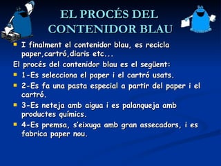 EL PROCÉS DEL  CONTENIDOR BLAU I finalment el contenidor blau, es recicla paper,cartró,diaris etc... El procés del contenidor blau es el següent: 1-Es selecciona el paper i el cartró usats.  2-Es fa una pasta especial a partir del paper i el cartró.  3-Es neteja amb aigua i es palanqueja amb productes químics.  4-Es premsa, s’eixuga amb gran assecadors, i es fabrica paper nou.  