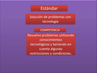 Estándar
 Solución de problemas con
         tecnología

       COMPETENCIA
Resuelvo problemas utilizando
        conocimientos
 tecnológicos y teniendo en
        cuenta algunas
 restricciones y condiciones.
 