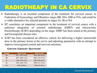 RADIOTHEAPY IN CA CERVIX
 Radiotherapy is an essential component of the treatment for cervical cancer, in
Federation of Gynecology and Obstetrics stages IIB, IIIA, IIIB or IVA, and could be
a viable alternative for selected patients in stages IA, IB or IIA
 RT constitutes an important component in the treatment of cervical cancer with a
judicious integration of external radiotherapy (EBRT) and intracavitary
brachytherapy (ICBT) depending on the stage. EBRT has been aimed at the primary
and locoregional disease sites.
 ICBT has been considered an effective vehicle for delivering a higher tumoricidal
dose to the primary lesion at the cervix and adjoining parametria with an attempt to
improve locoregional control and survival outcomes.
 