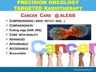 PRECISION ONCOLOGY
TARGETED RADIOTHERAPY
CANCER CARE @ ALEXIS
 COMPREHENSIVE ( NEED PET-CT 2020…)
 COMPASSIONATE
 Cutting edge (HDR, SRS)
 CURE WITH QUALITY
 ADVANCED
 AFFORDABLE
 ACCESSABLE
 Accountable
 