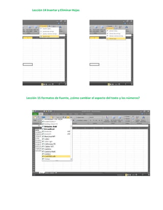 Lección 14 Insertar y Eliminar Hojas
Lección 15 Formatos de Fuente, ¿cómo cambiar el aspecto del texto y los números?
 