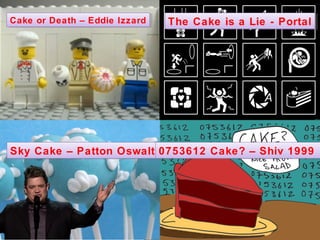 Cake or Death – Eddie Izzard
Cake or Death – Eddie Izzard   The Cake is a Lie -- Portal
                               The Cake is a Lie Portal




Sky Cake – Patton Oswalt 0753612 Cake? – Shiv 1999
Sky Cake – Patton Oswalt 0753612 Cake? – Shiv 1999
 