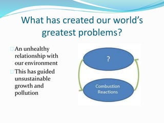 What has created our world’s
greatest problems?
An unhealthy
relationship with
our environment
This has guided
unsustainable
growth and
pollution
 