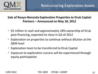 Restructuring Exploration Assets


 Sale of Rouyn-Noranda Exploration Properties to Druk Capital
            Partners – Announced on May 18, 2012

  $5 million in cash and approximately 18% ownership of Druk
   post-financing, expected to close in Q3 of 2012
  Exploration on properties to continue without dilution at the
   QMX level
  Exploration team to be transferred to Druk Capital
  Exposure to exploration success will be experienced through
   equity participation



JUNE 2012              TSX: QMX   OTCQX: AXSMF                     17
 