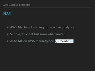 ▸ AWS Machine Learning : predictive analytics
▸ Simple, efﬁcient but somewhat limited
▸ Auto-ML on AWS marketplace
AWS MAC...