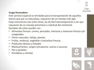 Carga Perecedera
Este servicio especial es brindado para la transportación de aquellos
bienes que por su naturaleza, requieren de un manejo más ágil.
Estas mercancías son entre otras, las de fácil descomposición o las que
requieren de un manejo prioritario a solicitud del remitente.
Ejemplos de estos pueden ser:
• Alimentos frescos: carnes, pescados, mariscos y moluscos frescos y/o
congelados
• Flores naturales, follaje, plantas
• Frutas, verduras, vegetales y hortalizas frescas
• Productos lácteos y helados
• Medicamentos, sangre y/o plasma, sueros y vacunas
• Pan y pasteles
• Periódicos y revistas
 