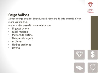 Carga Valiosa
Aquella carga que por su seguridad requiere de alta prioridad y un
manejo expedito.
Algunos ejemplos de carga valiosa son:
• Lingotes de oro
• Papel moneda
• Metales de platino
• Cheques de viajero
• Acciones
• Piedras preciosas
• Joyería
 