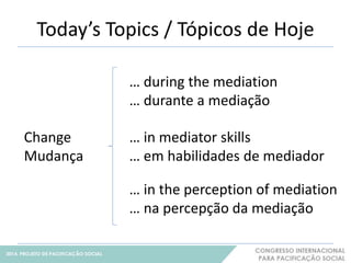 Today’s Topics / Tópicos de Hoje 
Change 
Mudança 
… during the mediation 
… durante a mediação 
… in mediator skills 
… em habilidades de mediador 
… in the perception of mediation 
… na percepção da mediação 
3 
 