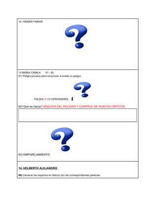 12. HAIDER FABIAN




13 MARIA CAMILA        61 - 65
61) Peligro:proceso para reconocer si existe un peligro




             FALSO( X ) O VERDADERO(          )

62) Que es haccp? ANALISIS DEL PELIGRO Y CONTROL DE PUNTOS CRITICOS




63) EMPAREJAMIENTO



14. HELBERTH ALEJANDRO

66) Llenanar los espacios en blanco con las correspondientes palabras.
 