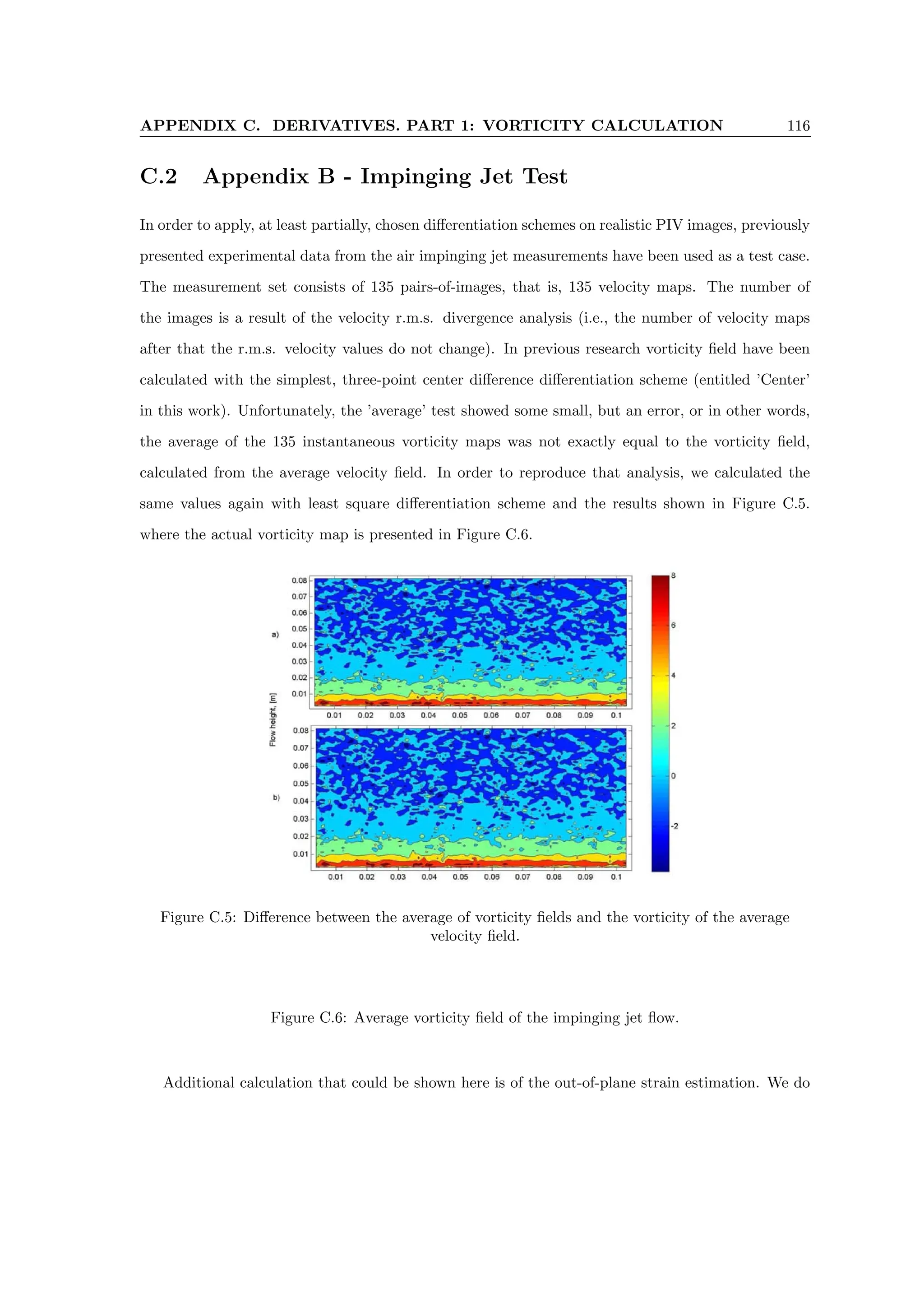 APPENDIX C. DERIVATIVES. PART 1: VORTICITY CALCULATION 116
C.2 Appendix B - Impinging Jet Test
In order to apply, at least partially, chosen differentiation schemes on realistic PIV images, previously
presented experimental data from the air impinging jet measurements have been used as a test case.
The measurement set consists of 135 pairs-of-images, that is, 135 velocity maps. The number of
the images is a result of the velocity r.m.s. divergence analysis (i.e., the number of velocity maps
after that the r.m.s. velocity values do not change). In previous research vorticity field have been
calculated with the simplest, three-point center difference differentiation scheme (entitled ’Center’
in this work). Unfortunately, the ’average’ test showed some small, but an error, or in other words,
the average of the 135 instantaneous vorticity maps was not exactly equal to the vorticity field,
calculated from the average velocity field. In order to reproduce that analysis, we calculated the
same values again with least square differentiation scheme and the results shown in Figure C.5.
where the actual vorticity map is presented in Figure C.6.
Figure C.5: Difference between the average of vorticity fields and the vorticity of the average
velocity field.
Figure C.6: Average vorticity field of the impinging jet flow.
Additional calculation that could be shown here is of the out-of-plane strain estimation. We do
 