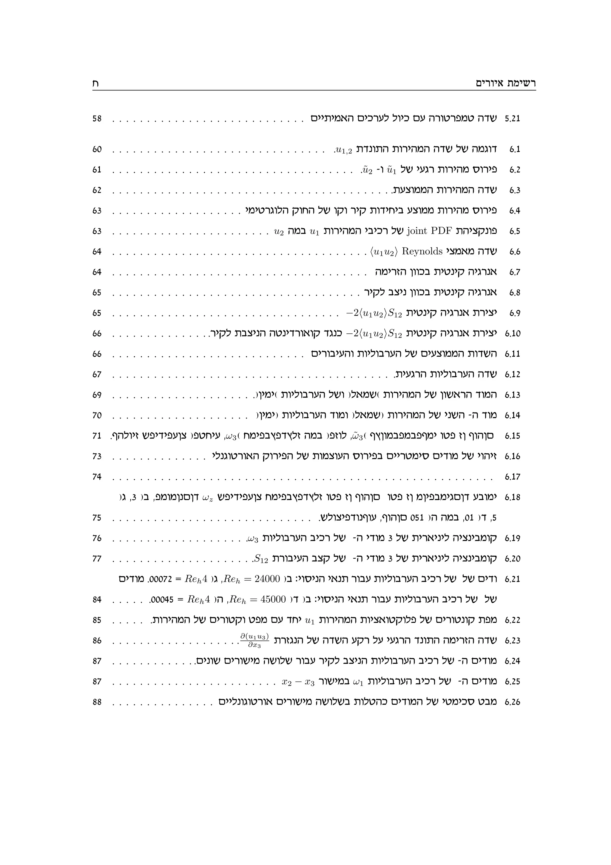 g mixei‘ zniyx
58 . . . . . . . . . . . . . . . . . . . . . . . . . . . . miizin‘d mikxrl leik mr dxehxtnh dcy 5.21
60 . . . . . . . . . . . . . . . . . . . . . . . . . . . . . . . .u1,2 zcpezd zexidnd dcy ly dnbec 6.1
61 . . . . . . . . . . . . . . . . . . . . . . . . . . . . . . . . . . . .ũ2 -e ũ1 ly irbx zexidn qexit 6.2
62 . . . . . . . . . . . . . . . . . . . . . . . . . . . . . . . . . . . . . . . . .zrvennd zexidnd dcy 6.3
63 . . . . . . . . . . . . . . . . . . . inihxbeld wegd ly ewe xiw zecigia rvenn zexidn qexit 6.4
63 . . . . . . . . . . . . . . . . . . . . . . . u2 dna u1 zexidnd iaikx ly joint PDF zdivwpet 6.5
64 . . . . . . . . . . . . . . . . . . . . . . . . . . . . . . . . . . . . . hu1u2i Reynolds ivn‘n dcy 6.6
64 . . . . . . . . . . . . . . . . . . . . . . . . . . . . . . . . . . . . . dnixfd oeeka zihpiw dibxp‘ 6.7
65 . . . . . . . . . . . . . . . . . . . . . . . . . . . . . . . . . . . . xiwl avip oeeka zihpiw dibxp‘ 6.8
65 . . . . . . . . . . . . . . . . . . . . . . . . . . . . . . . . . −2hu1u2iS12 zihpiw dibxp‘ zxivi 6.9
66 . . . . . . . . . . . . . . .xiwl zavipd dhpicxe‘ew cbpk −2hu1u2iS12 zihpiw dibxp‘ zxivi 6.10
66 . . . . . . . . . . . . . . . . . . . . . . . . . . . . mixeairde zeileaxrd ly mirvennd zecyd 6.11
67 . . . . . . . . . . . . . . . . . . . . . . . . . . . . . . . . . . . . . . . . .zirbxd zeileaxrd dcy 6.12
69 . . . . . . . . . . . . . . . . . . . . .)oini( zeileaxrd lye )l‘ny( zexidnd ly oey‘xd cend 6.13
70 . . . . . . . . . . . . . . . . . . . . )oini) zeileaxrd cene )l‘ny) zexidnd ly ipyd -d cen 6.14
71 .sdleif yticitrov )thgir ,ω3( gnitautculf dna )tfel ,ω̃3( suoenatnatsni eht fo sedom 6.15
73 . . . . . . . . . . . . . . ilpbehxe‘d wexitd ly zenverd qexita miixhniq micen ly iedif 6.16
74 . . . . . . . . . . . . . . . . . . . . . . . . . . . . . . . . . . . . . . . . . . . . . . . . . . . . . . . 6.17
)b ,3 )a ,tnenopmoc ωz yticitrov gnitautculf eht fo sedom eht fo noitanibmoc raeni 6.18
75 . . . . . . . . . . . . . . . . . . . . . . . . . . . . . .ylevitcepser ,sedom 051 )d dna ,01 )c ,5
76 . . . . . . . . . . . . . . . . . . . .ω3 zeileaxrd aikx ly -d icen 3 ly zix‘ipil divpianew 6.19
77 . . . . . . . . . . . . . . . . . . . . .S12 zxeaird avw ly -d icen 3 ly zix‘ipil divpianew 6.20
micen .00072 = Reh4 )b ,Reh = 24000 )a :ieqipd i‘pz xear zeileaxrd aikx ly ly mice 6.21
84 . . . . . .00045 = Reh4 )d ,Reh = 45000 )c )a :ieqipd i‘pz xear zeileaxrd aikx ly ly
85 . . . . . .zexidnd ly mixehwe htn mr cgi u1 zexidnd zeiv‘ehwelt ly mixehpew ztn 6.22
86 . . . . . . . . . . . . . . . . . . .∂(u1u3)
∂x3
zxfbpd ly dcyd rwx lr irbxd cpezd dnixfd dcy 6.23
87 . . . . . . . . . . . . .mipey mixeyin dyely xear xiwl avipd zeileaxrd aikx ly -d micen 6.24
87 . . . . . . . . . . . . . . . . . . . . . . . . x2 − x3 xeyina ω1 zeileaxrd aikx ly -d micen 6.25
88 . . . . . . . . . . . . . . . miilpebehxe‘ mixeyin dyelya zelhdk micend ly ihnikq han 6.26
 