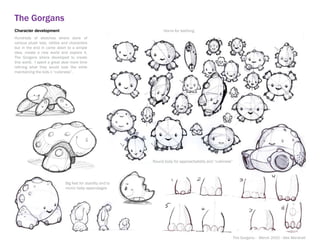 The Gorgans
Character development                                              Horns for teething
Hundreds of sketches where done of
various plush toys, rattles and characters
but in the end in came down to a simple
idea, create a new world and explore it.
The Gorgans where developed to create
this world. I spent a great deal more time
refining what they would look like while
maintaining the kids ii “cuteness”.




                                                             Round body for approachability and “cuteness”




                             Big feet for stability and to
                             mimic baby appendages




                                                                                                             The Gorgans - March 2010 - Alex Marshall
 