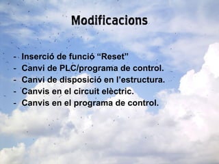 Modificacions Inserció de funció “Reset” Canvi de PLC/programa de control. Canvi de disposició en l’estructura. Canvis en el circuit elèctric. Canvis en el programa de control. 