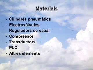 Materials Cilindres pneumàtics Electrovàlvules Reguladors de cabal Compressor Transductors PLC Altres elements 