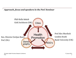 PwC
Approach, focus and speakers in the PwC Seminar
Health
Promotion
Cities
NGO’s
Demo-
graphy
7th Nordic Health Promotion Research Conference
2
15. januar 2013
PhD Helle Søholt
Gehl Architects (DK)
Prof Alex Murdock
London South
Bank University (UK)
Sen. Director Gertjan Baars
PwC (NL)
 