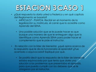 • ¿Qué respuesta la daría usted a Federico y en qué capítulo
del Reglamento se basaría?
• ARTICULO7 - PUNTO4. Recibir en el momento de la
legalización su matrícula, el carné que lo acredite como
Aprendiz del SENA.
• Una posible solución que se le puede hacer es que
busque una manera de que le entreguen algo que lo
identifique como Aprendiz SENA para poder hacer el
complemento que le pide el instructor.
• En relación con la líder de bienestar, ¿qué opina acerca de
la respuesta que le dio la funcionaria al aprendiz? ¿Fue
acertada o equivocada? Expliqué por qué.
• Se podría decir que la respuesta de la líder de bienestar
estaba equivocada por que tenia que darle una
solución a los problemas que presentaba el aprendiz,
para que pueda cumplir con los deberes que se le
otorgaron por el instructor.
 