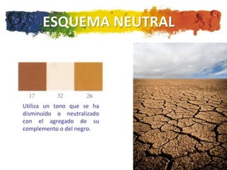 ESQUEMA NEUTRAL




Utiliza un tono que se ha
disminuído o neutralizado
con el agregado de su
complemento o del negro.
 