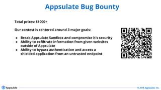 © 2018 Appsulate, Inc.
Appsulate Bug Bounty
Security
Total prizes: $1000+
Our contest is centered around 3 major goals:
● Break Appsulate Sandbox and compromise it’s security
● Ability to exfiltrate information from given websites
outside of Appsulate
● Ability to bypass authentication and access a
shielded application from an untrusted endpoint
 