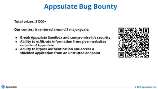 © 2018 Appsulate, Inc.
Appsulate Bug Bounty
Security
Total prizes: $1000+
Our contest is centered around 3 major goals:
● ...