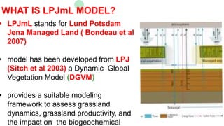 WHAT IS LPJmL MODEL?
• LPJmL stands for Lund Potsdam
Jena Managed Land ( Bondeau et al
2007)
• model has been developed fr...
