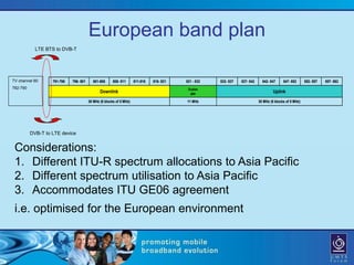 European band plan
            LTE BTS to DVB-T




TV channel 60      791-796   796- 801      801-806     806- 811      811-816   816- 821   821 - 832   832- 837   837- 842     842- 847     847- 852      852- 857   857- 862
782-790                                                                                    Duplex
                                               Downlink                                     gap                                      Uplink
                                        30 MHz (6 blocks of 5 MHz)                        11 MHz                            30 MHz (6 blocks of 5 MHz)




          DVB-T to LTE device


 Considerations:
 1. Different ITU-R spectrum allocations to Asia Pacific
 2. Different spectrum utilisation to Asia Pacific
 3. Accommodates ITU GE06 agreement
 i.e. optimised for the European environment
 