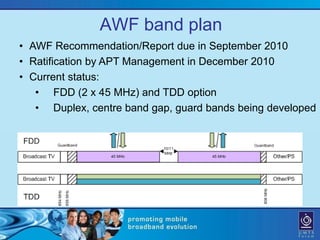 AWF band plan
• AWF Recommendation/Report due in September 2010
• Ratification by APT Management in December 2010
• Current status:
   • FDD (2 x 45 MHz) and TDD option
   • Duplex, centre band gap, guard bands being developed
 