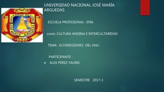 UNIVERSIDAD NACIONAL JOSÉ MARÍA
ARGUEDAS
ESCUELA PROFESIONAL : EPIA
curso: CULTURA ANDINA E INTERCULTARIDAD
TEMA : ECORREGIONES DEL PERÚ
PARTICIPANTE :
 ALEX PÉREZ YAURIS
SEMESTRE 2017-1
 