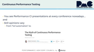 Continuous PerformanceTesting
• You see Performance CI presentations at every conference nowadays….
and
• Still opinions vary
• From “full automation” to:
 