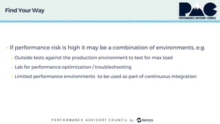 Find Your Way
• If performance risk is high it may be a combination of environments, e.g.
• Outside tests against the production environment to test for max load
• Lab for performance optimization / troubleshooting
• Limited performance environments to be used as part of continuous integration
 