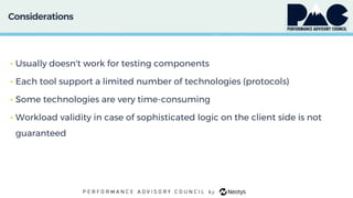Considerations
• Usually doesn't work for testing components
• Each tool support a limited number of technologies (protocols)
• Some technologies are very time-consuming
• Workload validity in case of sophisticated logic on the client side is not
guaranteed
 