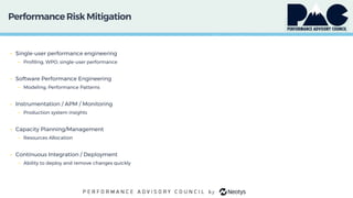 PerformanceRisk Mitigation
• Single-user performance engineering
• Profiling, WPO, single-user performance
• Software Performance Engineering
• Modeling, Performance Patterns
• Instrumentation / APM / Monitoring
• Production system insights
• Capacity Planning/Management
• Resources Allocation
• Continuous Integration / Deployment
• Ability to deploy and remove changes quickly
 