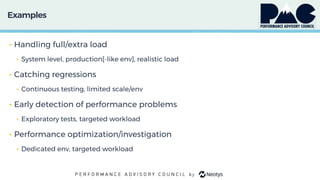 Examples
• Handling full/extra load
• System level, production[-like env], realistic load
• Catching regressions
• Continuous testing, limited scale/env
• Early detection of performance problems
• Exploratory tests, targeted workload
• Performance optimization/investigation
• Dedicated env, targeted workload
 