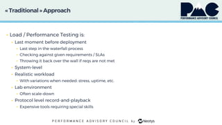 « Traditional» Approach
• Load / Performance Testing is:
• Last moment before deployment
• Last step in the waterfall process
• Checking against given requirements / SLAs
• Throwing it back over the wall if reqs are not met
• System-level
• Realistic workload
• With variations when needed: stress, uptime, etc.
• Lab environment
• Often scale-down
• Protocol level record-and-playback
• Expensive tools requiring special skills
 