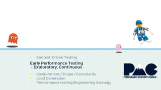Early Performance Testing
- Exploratory, Continuous
•
•
•
•
 