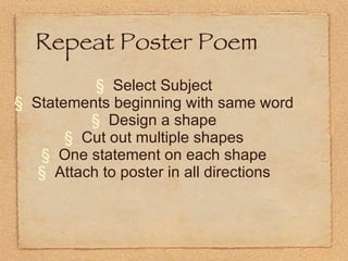 Repeat Poster Poem Select Subject Statements beginning with same word Design a shape Cut out multiple shapes One statement on each shape Attach to poster in all directions 