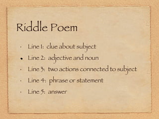 Riddle Poem Line 1:  clue about subject Line 2:  adjective and noun Line 3:  two actions connected to subject Line 4:  phrase or statement Line 5:  answer 