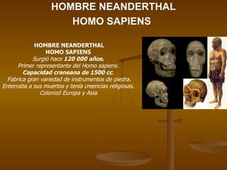 HOMBRE NEANDERTHAL
                      HOMO SAPIENS

             HOMBRE NEANDERTHAL
                 HOMO SAPIENS
            Surgió hace 120 000 años.
      Primer representante del Homo sapiens.
        Capacidad craneana de 1500 cc.
  Fabrica gran variedad de instrumentos de piedra.
Enterraba a sus muertos y tenía creencias religiosas.
               Colonizó Europa y Asia.
 