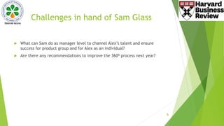 Challenges in hand of Sam Glass
 What can Sam do as manager level to channel Alex’s talent and ensure
success for product group and for Alex as an individual?
 Are there any recommendations to improve the 360⁰ process next year?
6
 