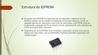 Estrutura da EEPROM
 Enquanto uma EPROM é programada por um dispositivo eletrônico que dá
tensões maiores que as usadas normalmente em circuitos elétricos e pode ser
apagada apenas por exposição a uma forte luz ultravioleta, a EEPROM pode ser
programada e apagada dentro do próprio circuito, eletricamente, pela aplicação de
sinais de programação especiais.
 Originalmente, as EEPROMs foram limitadas a operações de byte único que as
fizeram ser mais lentas, mas as EEPROMs modernas permitem operações com
múltiplos bytes.
 