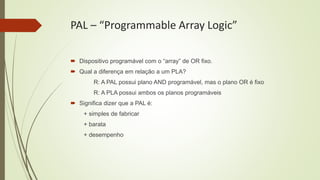PAL – “Programmable Array Logic”
 Dispositivo programável com o “array” de OR fixo.
 Qual a diferença em relação a um PLA?
R: A PAL possui plano AND programável, mas o plano OR é fixo
R: A PLA possui ambos os planos programáveis
 Significa dizer que a PAL é:
+ simples de fabricar
+ barata
+ desempenho
 