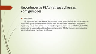 Reconhecer as PLAs nas suas diversas
configurações
 Vantagens:
- A vantagem em usar ROMs desta forma é que qualquer função concebível com
n entradas pode aparecer em qualquer uma das x saídas, tornando o dispositivo
logico disponível para aplicações mais abrangentes. Também as PROMs, EPROMs
podem ser programadas utilizando um programador PROM comum sem requisitos
especializados de hardware e software.
 