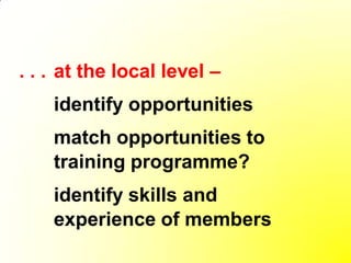 . . . at the local level –
    identify opportunities
    match opportunities to
    training programme?
    identify skills and
    experience of members
 