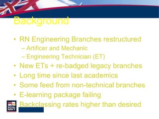 Background RN Engineering Branches restructured Artificer and Mechanic Engineering Technician (ET) New ETs + re-badged legacy branches Long time since last academics Some feed from non-technical branches E-learning package failing Backclassing rates higher than desired 