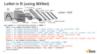 LeNet in R (using MXNet)
get_symbol <- function(num_classes = 1000) {
data <- mx.symbol.Variable('data')
conv1 <- mx.symbol.Convolution(data = data, kernel = c(5, 5), num_filter = 20)
tanh1 <- mx.symbol.Activation(data = conv1, act_type = "tanh")
pool1 <- mx.symbol.Pooling(data = tanh1, pool_type = "max", kernel = c(2, 2), stride = c(2, 2))
conv2 <- mx.symbol.Convolution(data = pool1, kernel = c(5, 5), num_filter = 50)
tanh2 <- mx.symbol.Activation(data = conv2, act_type = "tanh")
pool2 <- mx.symbol.Pooling(data = tanh2, pool_type = "max", kernel = c(2, 2), stride = c(2, 2))
flatten <- mx.symbol.Flatten(data = pool2)
fc1 <- mx.symbol.FullyConnected(data = flatten, num_hidden = 500)
tanh3 <- mx.symbol.Activation(data = fc1, act_type = "tanh")
fc2 <- mx.symbol.FullyConnected(data = tanh3, num_hidden = num_classes)
lenet <- mx.symbol.SoftmaxOutput(data = fc2, name = 'softmax')
return(lenet)
}
LeNet ~1995
 
