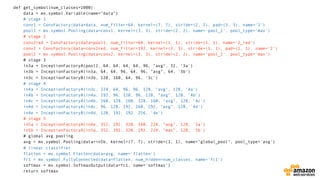 def get_symbol(num_classes=1000):
data = mx.symbol.Variable(name="data")
# stage 1
conv1 = ConvFactory(data=data, num_filter=64, kernel=(7, 7), stride=(2, 2), pad=(3, 3), name='1')
pool1 = mx.symbol.Pooling(data=conv1, kernel=(3, 3), stride=(2, 2), name='pool_1', pool_type='max')
# stage 2
conv2red = ConvFactory(data=pool1, num_filter=64, kernel=(1, 1), stride=(1, 1), name='2_red')
conv2 = ConvFactory(data=conv2red, num_filter=192, kernel=(3, 3), stride=(1, 1), pad=(1, 1), name='2')
pool2 = mx.symbol.Pooling(data=conv2, kernel=(3, 3), stride=(2, 2), name='pool_2', pool_type='max')
# stage 3
in3a = InceptionFactoryA(pool2, 64, 64, 64, 64, 96, "avg", 32, '3a')
in3b = InceptionFactoryA(in3a, 64, 64, 96, 64, 96, "avg", 64, '3b')
in3c = InceptionFactoryB(in3b, 128, 160, 64, 96, '3c')
# stage 4
in4a = InceptionFactoryA(in3c, 224, 64, 96, 96, 128, "avg", 128, '4a')
in4b = InceptionFactoryA(in4a, 192, 96, 128, 96, 128, "avg", 128, '4b')
in4c = InceptionFactoryA(in4b, 160, 128, 160, 128, 160, "avg", 128, '4c')
in4d = InceptionFactoryA(in4c, 96, 128, 192, 160, 192, "avg", 128, '4d')
in4e = InceptionFactoryB(in4d, 128, 192, 192, 256, '4e')
# stage 5
in5a = InceptionFactoryA(in4e, 352, 192, 320, 160, 224, "avg", 128, '5a')
in5b = InceptionFactoryA(in5a, 352, 192, 320, 192, 224, "max", 128, '5b')
# global avg pooling
avg = mx.symbol.Pooling(data=in5b, kernel=(7, 7), stride=(1, 1), name="global_pool", pool_type='avg')
# linear classifier
flatten = mx.symbol.Flatten(data=avg, name='flatten')
fc1 = mx.symbol.FullyConnected(data=flatten, num_hidden=num_classes, name='fc1')
softmax = mx.symbol.SoftmaxOutput(data=fc1, name='softmax')
return softmax
 